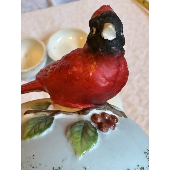 Cardinal red bird figure and poinsettia jewelry box bowls small cute knick knack - Picture 15 of 16